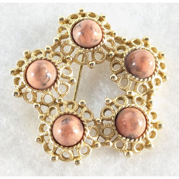 Open Gold Tone and Marbled Pink Tone Brooch - Picture 7 of 9